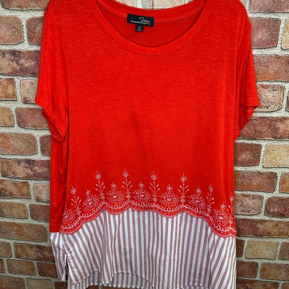 Suzanne Betro Red and White Striped Embroidered Top